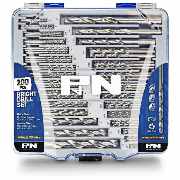 P&N WORKSHOP 1-12MM & 5/64 - 1/2INCH METRIC & IMPERIAL HSS-BRIGHT JOBBER DRILL BIT SET - 200 PIECE