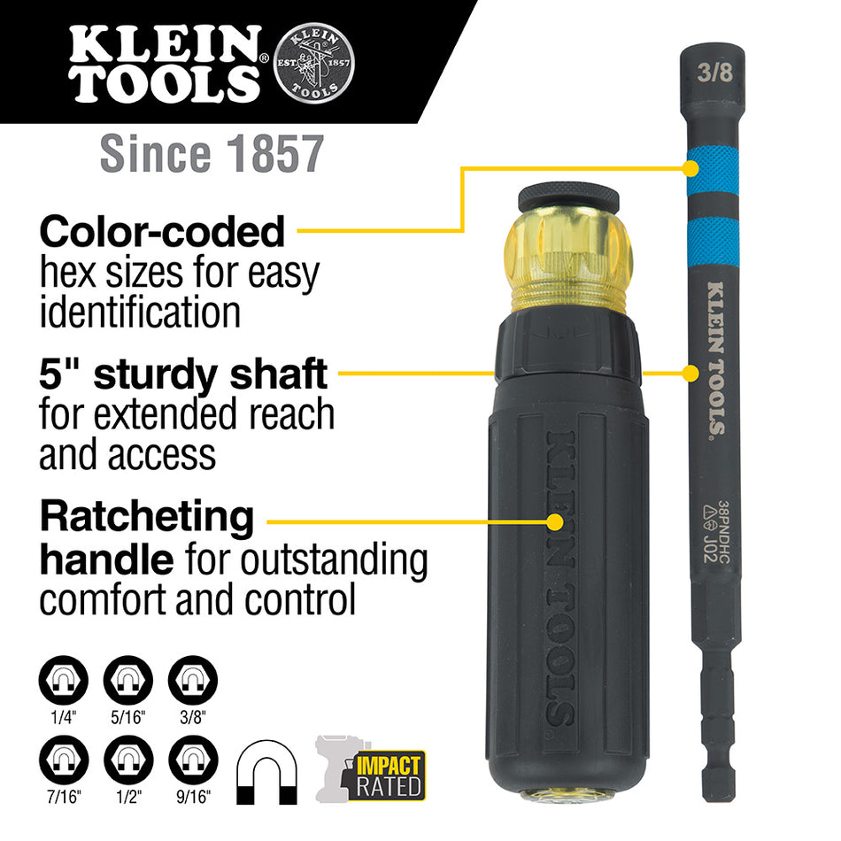 Klein Hollow Magnetic Color-Coded Ratcheting Power Nut Drivers, 7-Piece