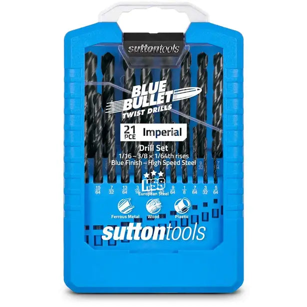 SUTTON 1/16-3/8INCH IMPERIAL HSS-BLUE JOBBER DRILL BIT SET - BLUE BULLET - 21 PIECE