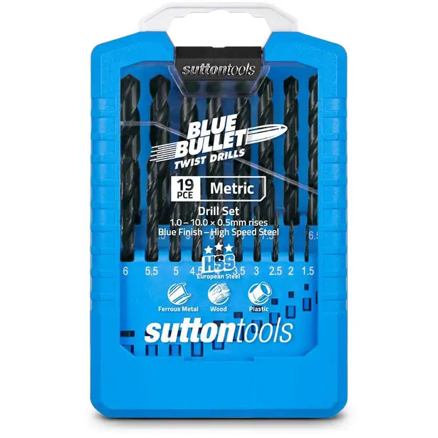 SUTTON 1-10MM METRIC HSS-BLUE JOBBER DRILL BIT SET - BLUE BULLET - 19 PIECE