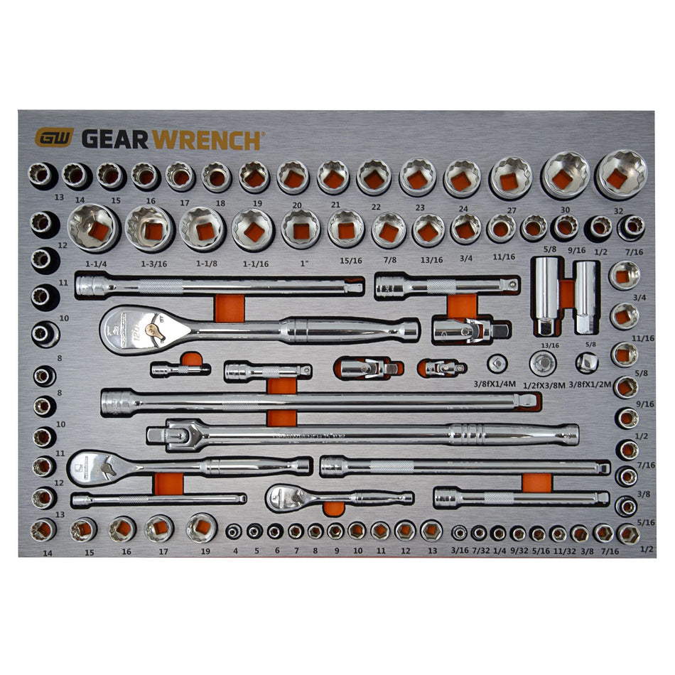 GEARWRENCH 83992 90 Piece 1/2″, 3/8″ & 1/2″ Square Drive Metric & SAE Socket Set in EVA Tray