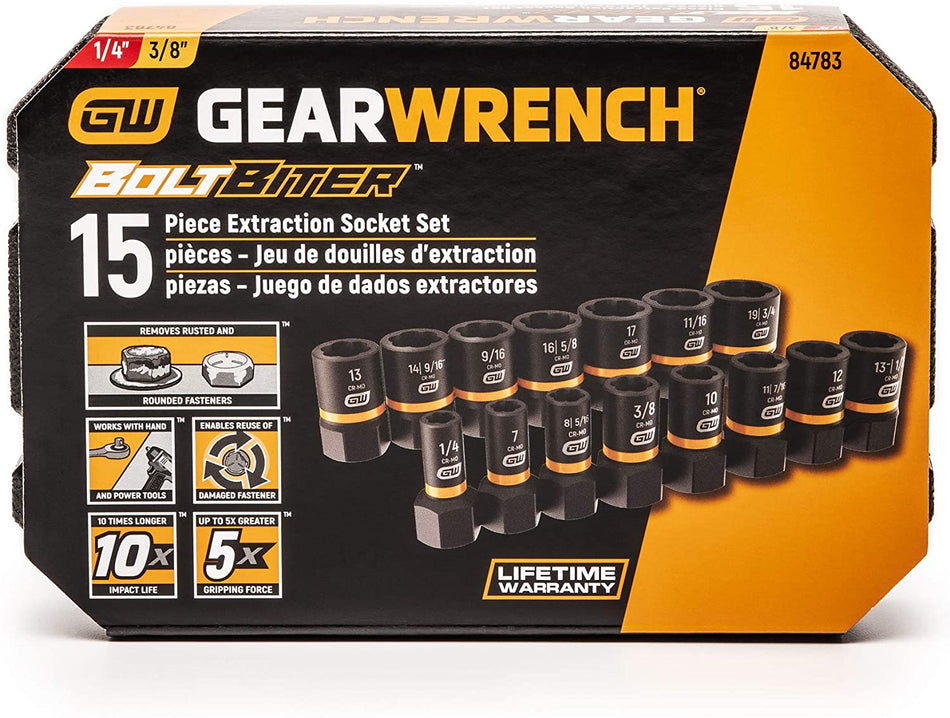 GEARWRENCH 84783 15 Piece 1/4″ & 3/8″ Drive BOLT BITER™ Impact Extraction Socket Set