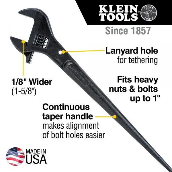 Klein Tools A-3239 Adjustable Spud Wrench Length 40.6cm Jaw Capacity 4.1cm Tether Hole