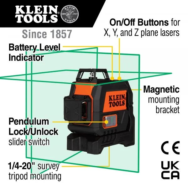 Klein Tools A-93CPLG 3D 360 Degree Compact Green Beam Planar Self Levelling Laser Level