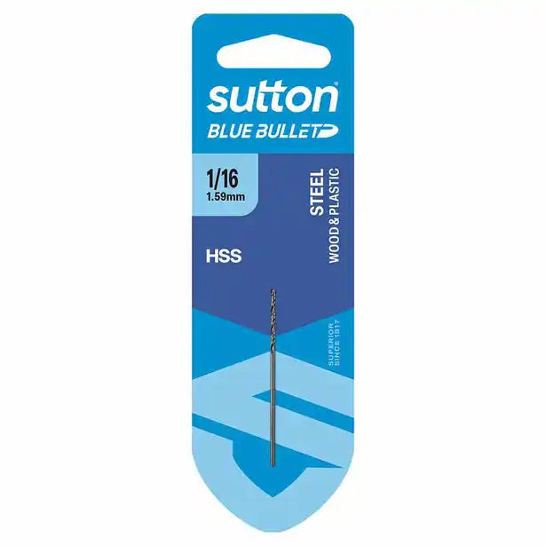 SUTTON 1/16INCH X 43MM HSS BLUE BULLET CARD JOBBER METAL DRILL BIT D102H0159