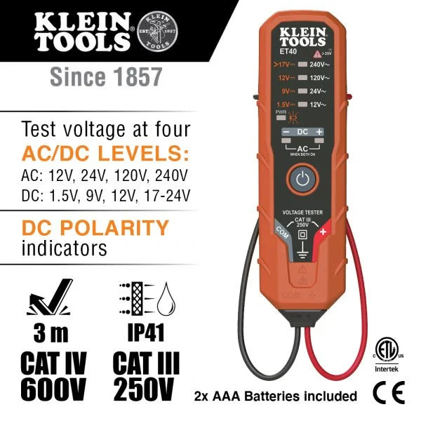 KLEIN Tools A-ET40 Digital AC/DC Voltage Tester 12 to 240V AC, 1.5 to 24V DC