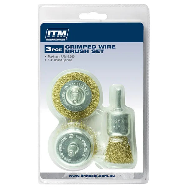 ITM CRIMP WIRE BRUSH KIT 3PCE INCLUDES: 50MM WHEEL BRUSH, 50MM CUP BRUSH AND 25MM END BRUSH