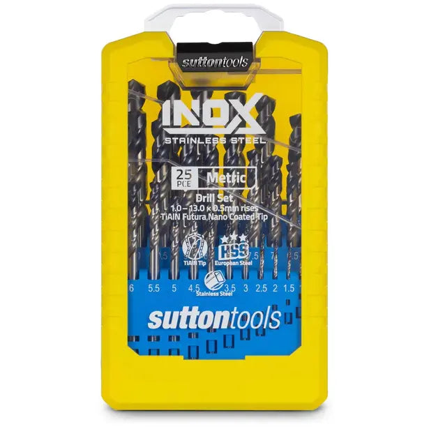 SUTTON 1-13MM METRIC HSS-TIALN JOBBER DRILL BIT SET FOR STAINLESS STEEL - INOX - 25 PIECE