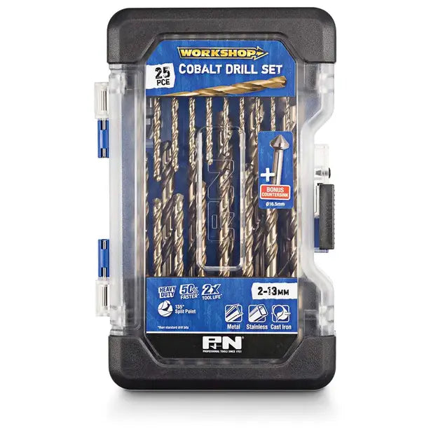 P&N WORKSHOP 2-13MM METRIC HSS-COBALT JOBBER DRILL BIT SET - 25 PIECE + BONUS COUNTERSINK