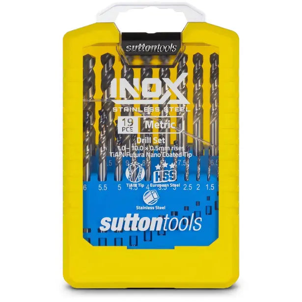 SUTTON 1-10MM METRIC HSS-TIALN JOBBER DRILL BIT SET FOR STAINLESS STEEL - INOX - 19 PIECE